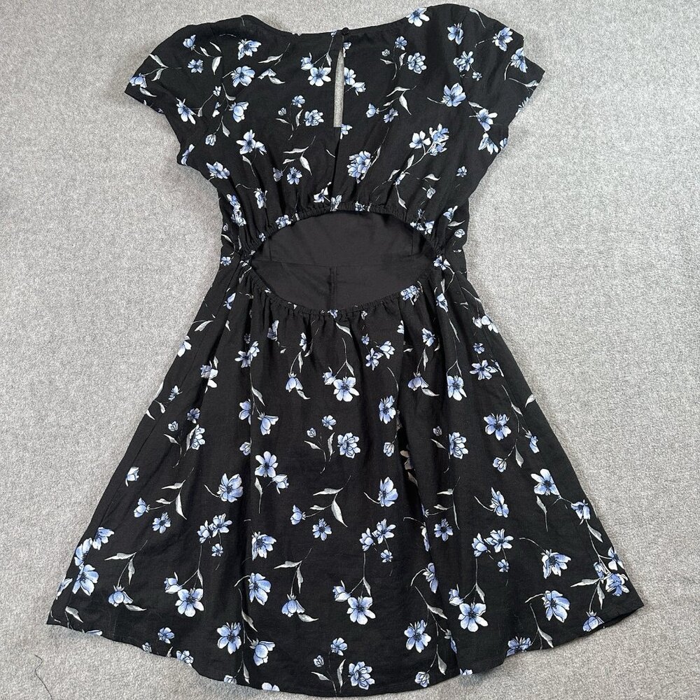 Floral Mini Dress Womens M Black Blue Fit Flare Cutout Back Square Neck - Picture 10 of 12